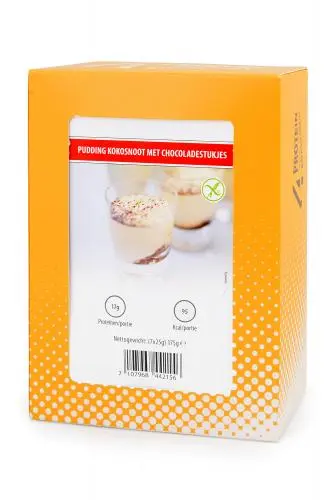 Zakje proteïnepudding kokos met stukjes chocola